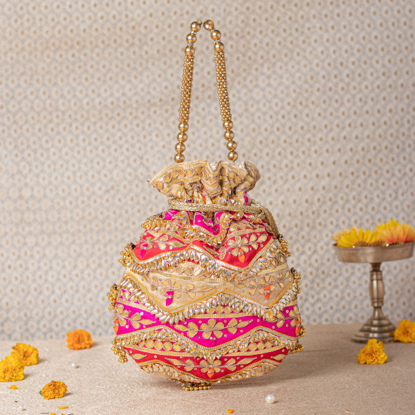 Premium Multicolor Gota Patti Potli Bag – Gold • Red • Pink