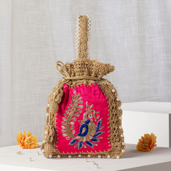 Hot Pink Silk & Crochet Peacock Embroidered Potli Bag