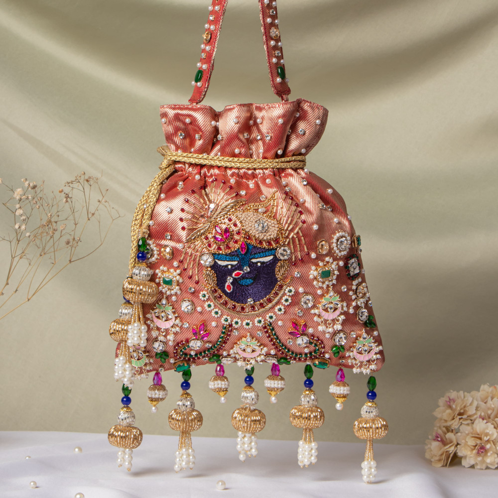 Image of Red Jewellery Shrinathji Tissue Potli | Regal Hand-Embroidered Wedding Potli