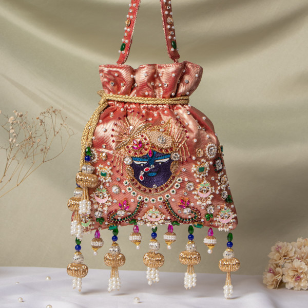 Red Jewellery Shrinathji Tissue Potli | Regal Hand-Embroidered Wedding Potli
