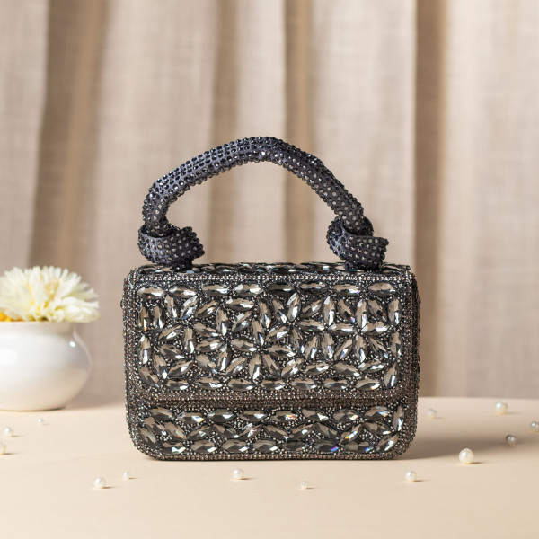 Charcoal Grey Crystal Clutch Bag