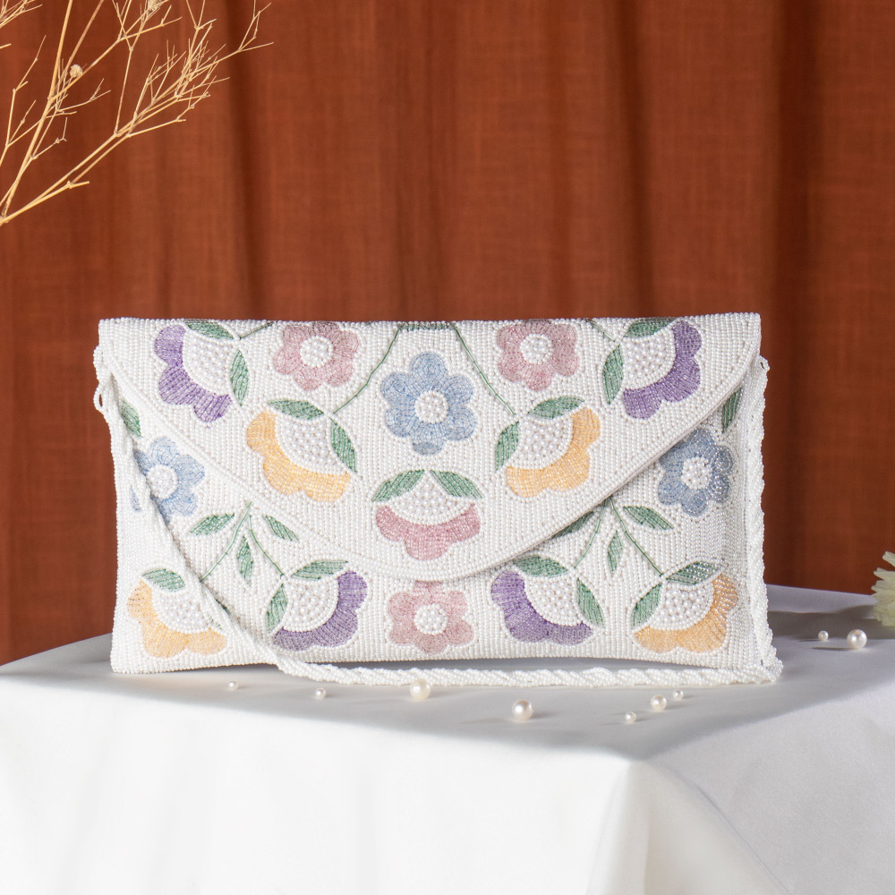 Image of White Artisan Floral Beaded Bridal Clutch
