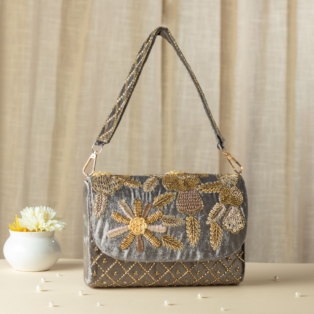 Image of Grey Velvet Zardosi &amp; Glass Bead Handcrafted Luxury Clutch