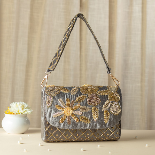 Grey Velvet Zardosi & Glass Bead Handcrafted Luxury Clutch