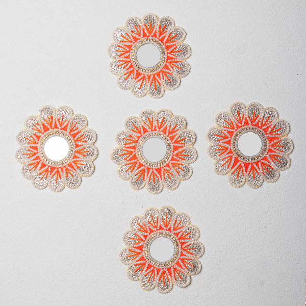 Handcrafted Floral Applique Patch | Thread Work, Beads & Zardozi Embroidery | Decorative Mirror Center Design | Ideal for Sarees, Lehengas & Blouses | Size: 10.1 cm(SET OF 10)