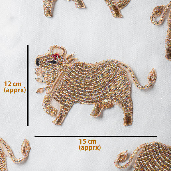 Handcrafted Gold Beads & Zardozi Bull Motif Patch – Traditional Embroidery Art Applique for Sarees, Lehengas, Blouses, Bags & Couture Fashion (12 × 15 cm)(PAIR)