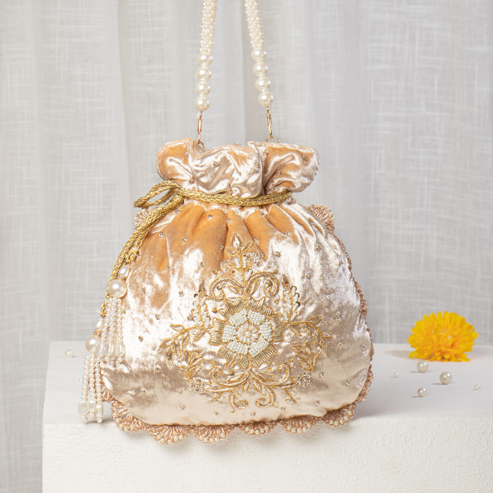 Image of Champagne Gold Velvet Zardosi Potli