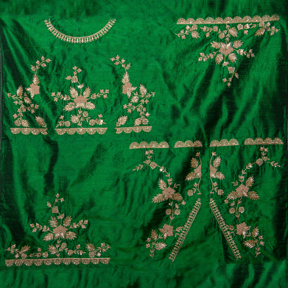 Image of Premium Emerald Green Raw Silk Fabric with Handwoven Zardozi Embroidery – 1 Meter