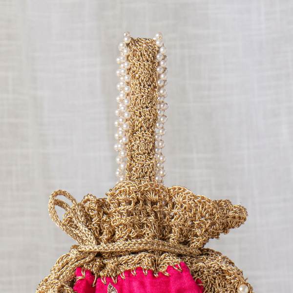 Hot Pink Silk & Crochet Peacock Embroidered Potli Bag