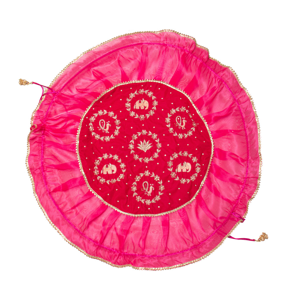 Image of Rani Pink Velvet Godh Bharai Cover with Zardosi Embroidery