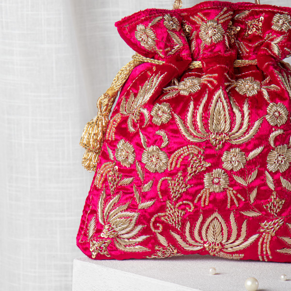 Cherry Pink Zardozi Embroidered Velvet Lotus Potli Bag