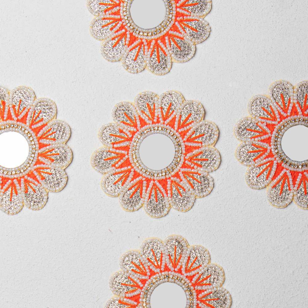 Image of Handcrafted Floral Applique Patch | Thread Work, Beads &amp; Zardozi Embroidery | Decorative Mirror Center Design | Ideal for Sarees, Lehengas &amp; Blouses | Size: 10.1 cm(SET OF 10)