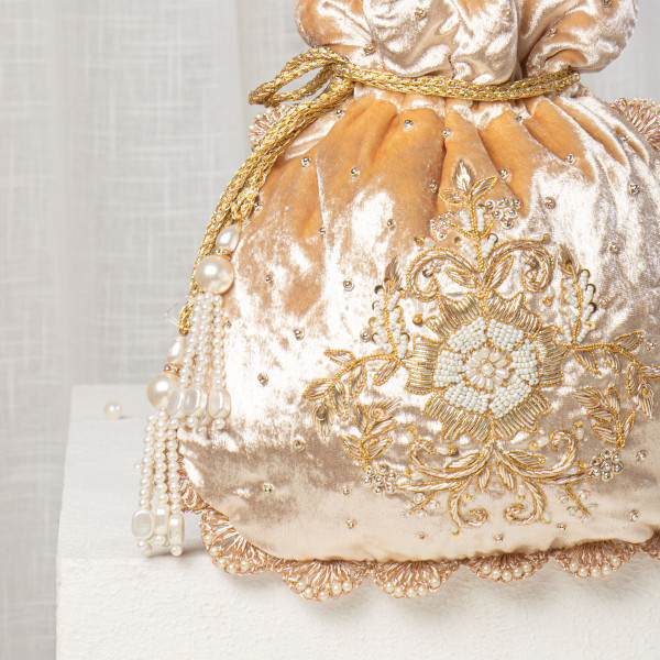 Champagne Gold Velvet Zardosi Potli