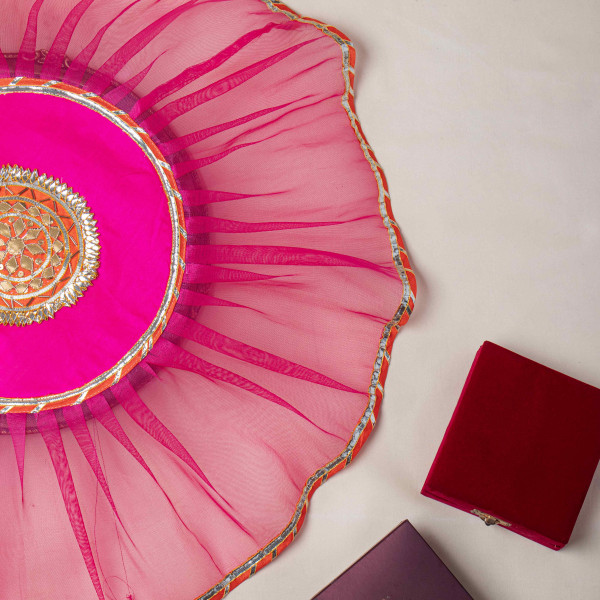 Rani Decorative Traditional Indian Gota Embellish Organza Thali Cover Pooja Thali | Handmade Aarti Thali Cover | Thaal Cover
