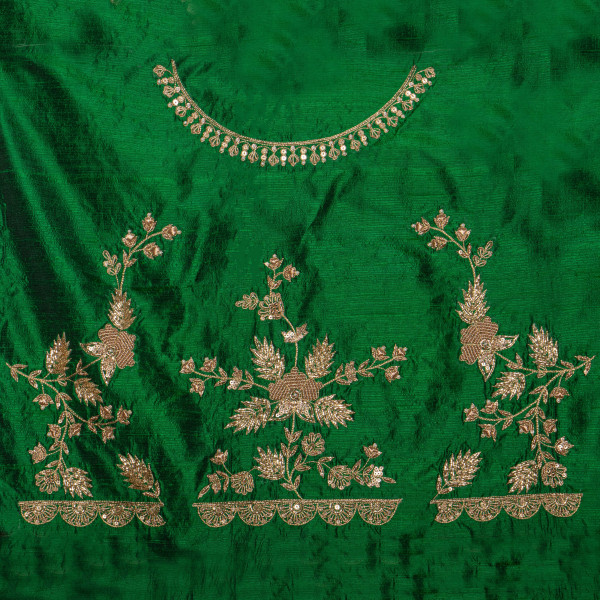 Premium Emerald Green Raw Silk Fabric with Handwoven Zardozi Embroidery – 1 Meter