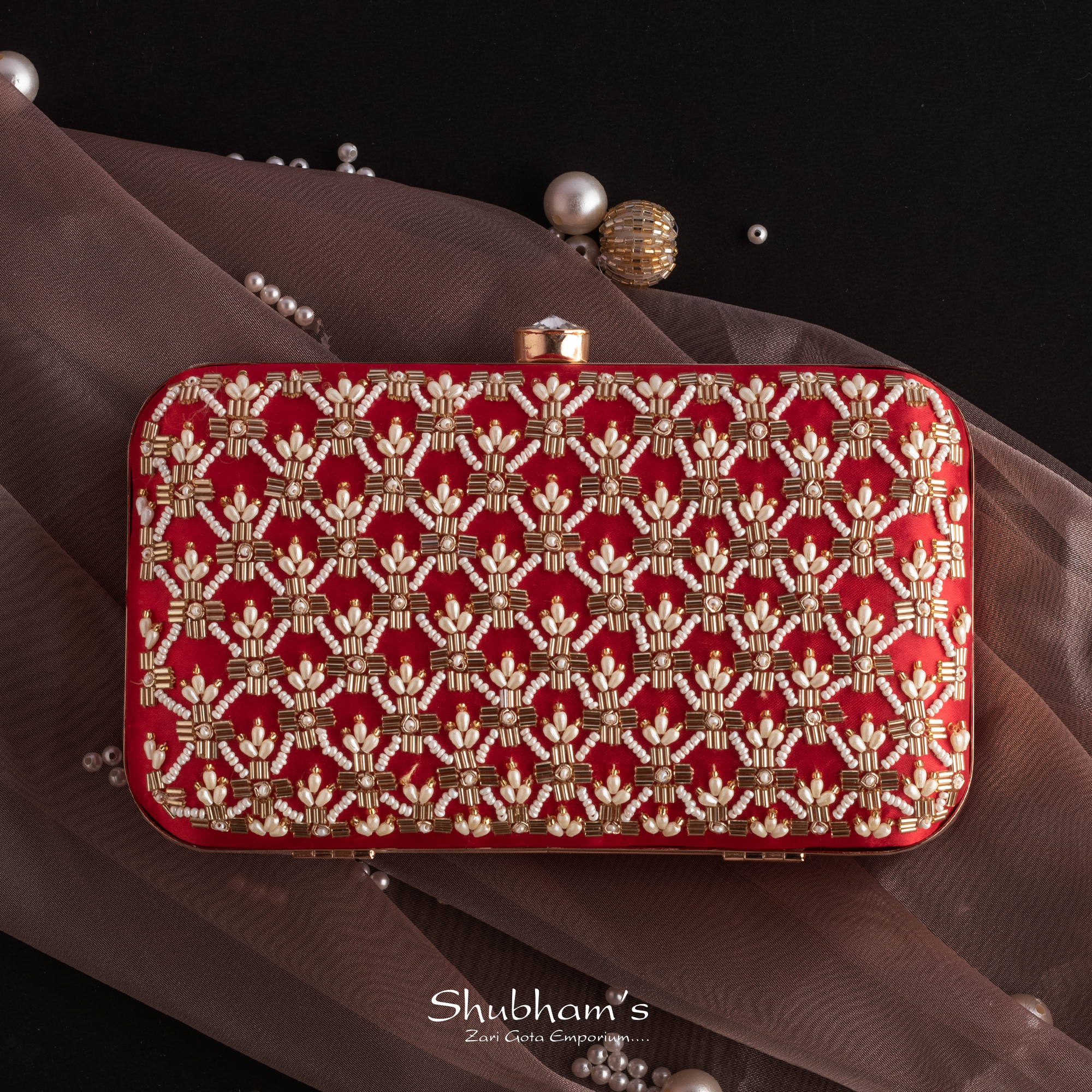 RED Indian designer handmade Bead Pearl kat dana metal clutch