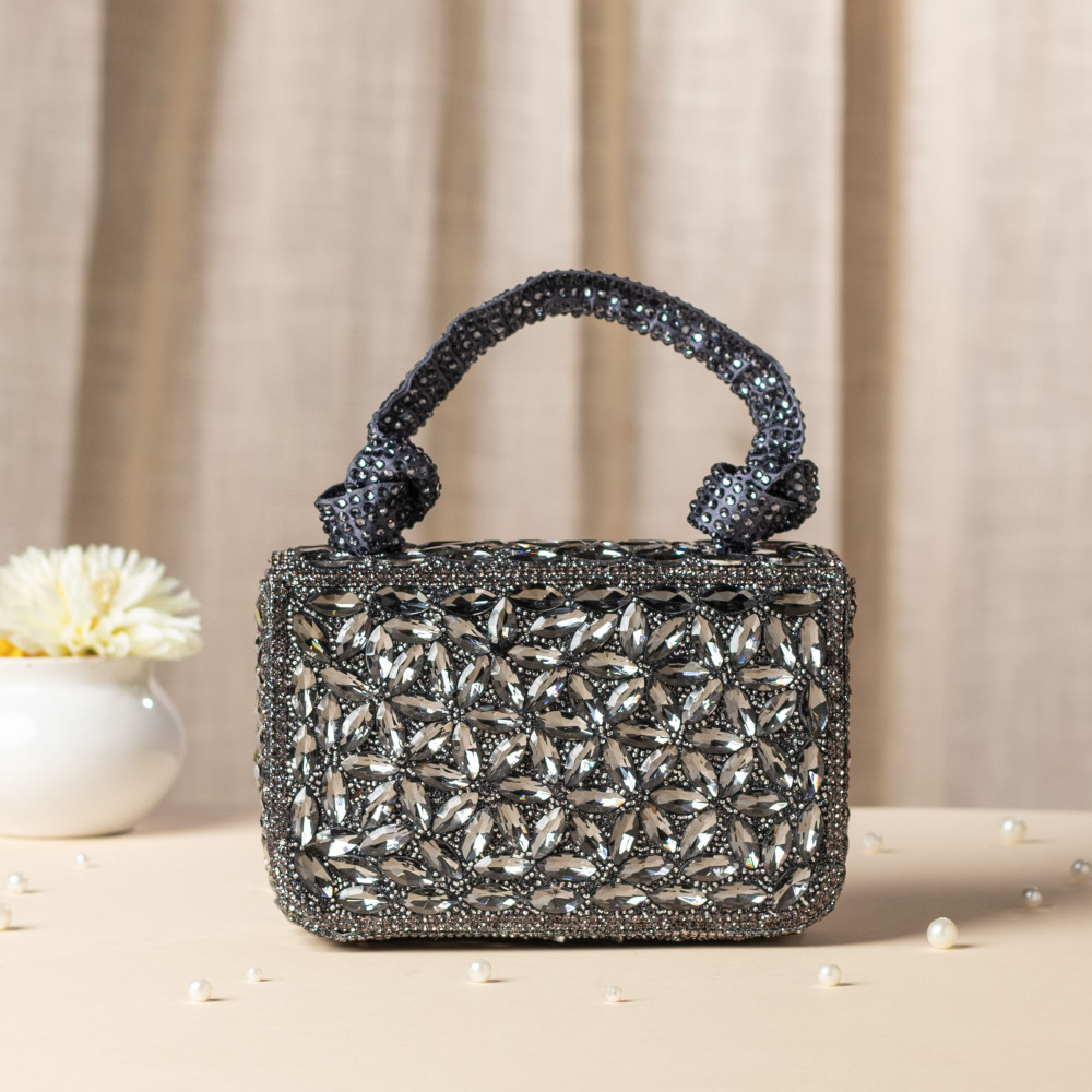 Image of Charcoal Grey Crystal Clutch Bag