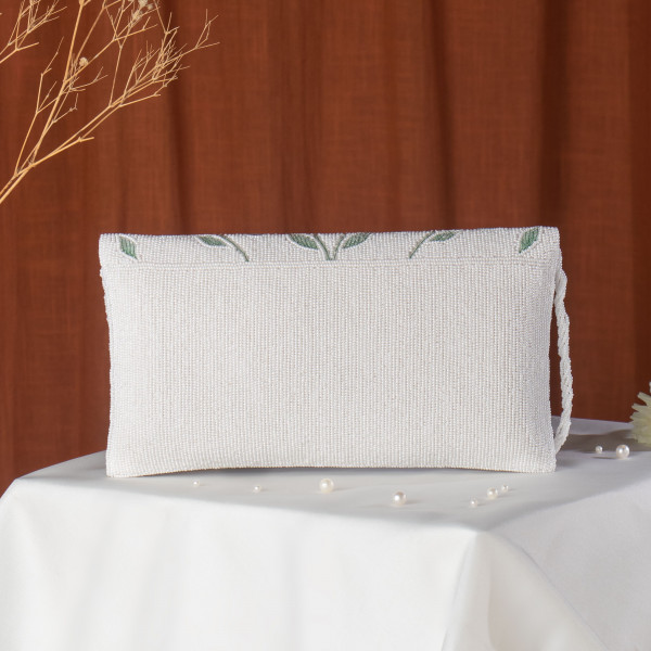 White Artisan Floral Beaded Bridal Clutch