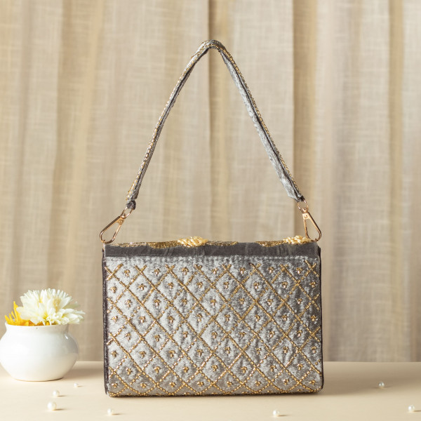 Grey Velvet Zardosi & Glass Bead Handcrafted Luxury Clutch
