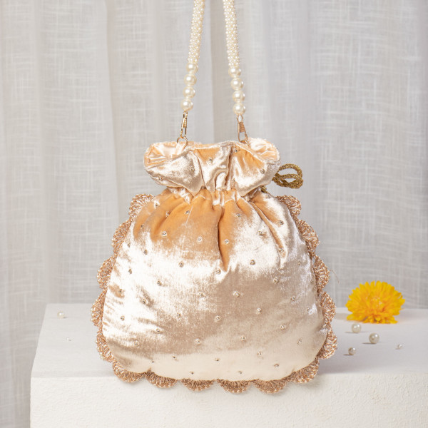 Champagne Gold Velvet Zardosi Potli