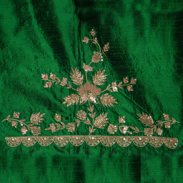 Premium Emerald Green Raw Silk Fabric with Handwoven Zardozi Embroidery – 1 Meter
