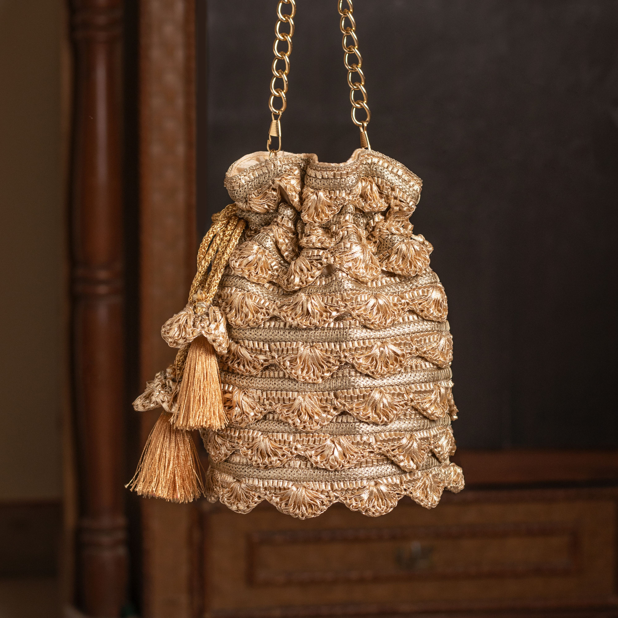 gold gota work round shape Wedding Potli Bag for Woman