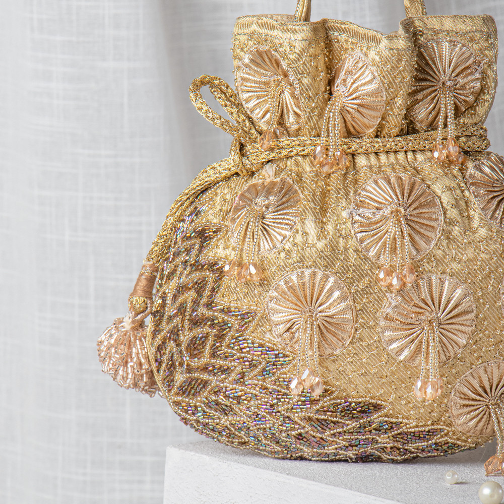 Image of Golden Gota &amp; Cutdana Tissue Potli Bag
