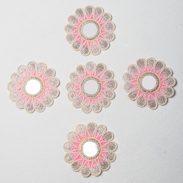 Handcrafted Floral Applique Patch | Light Pink Center | Thread Work, Beads & Zardozi Embroidery | Mirror Work Patch for Sarees, Lehengas & Blouses | Size: 10.1 cm(SET OF 10)