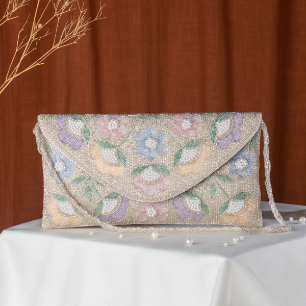 Silver Artisan Floral Beaded Bridal Clutch
