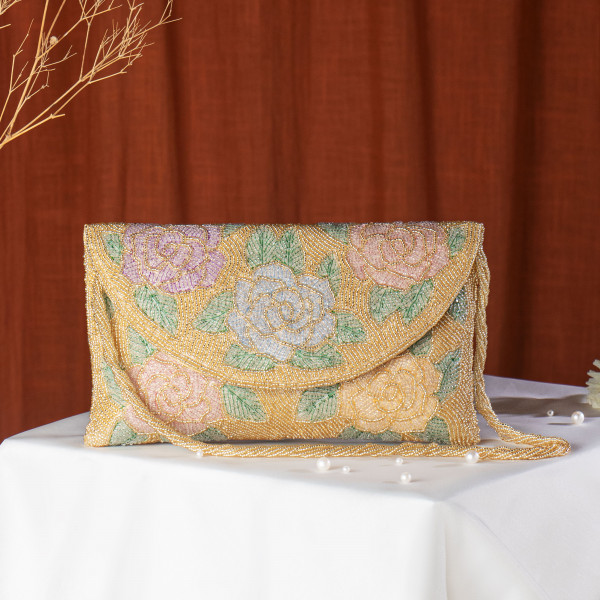 Gold Hand-Beaded Floral Bridal Clutch Bag