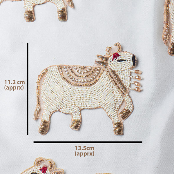 Handcrafted White Beads & Zardozi Cow Motif – Traditional Embroidery Art Applique for Sarees, Lehengas, Blouses, Dupattas & Designer Couture (11.2 × 13.5 cm)(SET OF PAIR)