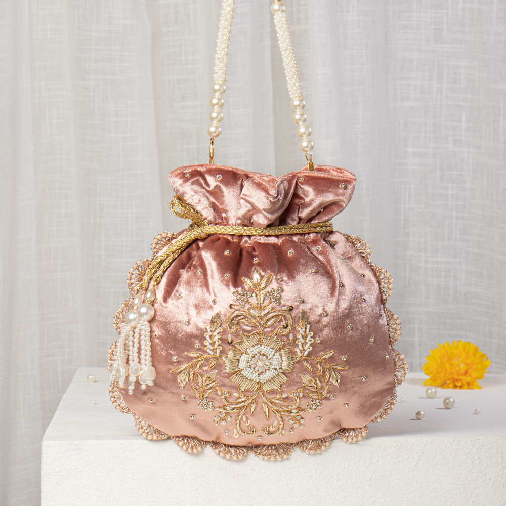 Image of Rose Gold Velvet Zardosi Potli