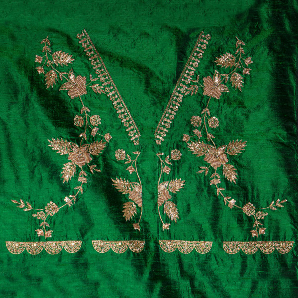 Premium Emerald Green Raw Silk Fabric with Handwoven Zardozi Embroidery – 1 Meter