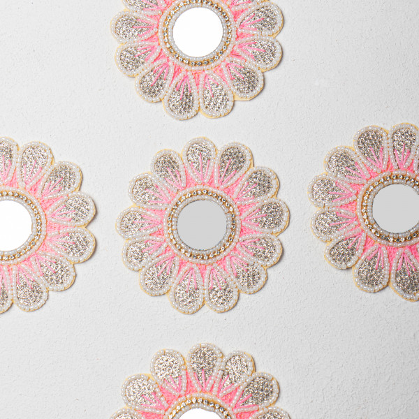 Handcrafted Floral Applique Patch | Light Pink Center | Thread Work, Beads & Zardozi Embroidery | Mirror Work Patch for Sarees, Lehengas & Blouses | Size: 10.1 cm(SET OF 10)