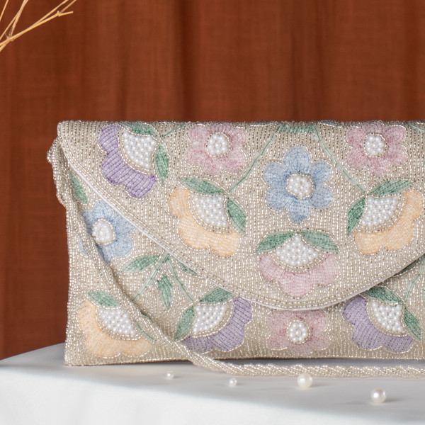 Silver Artisan Floral Beaded Bridal Clutch
