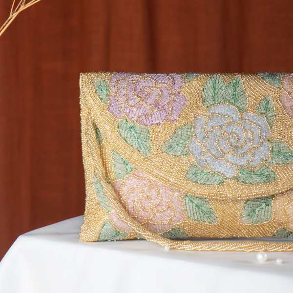 Gold Hand-Beaded Floral Bridal Clutch Bag