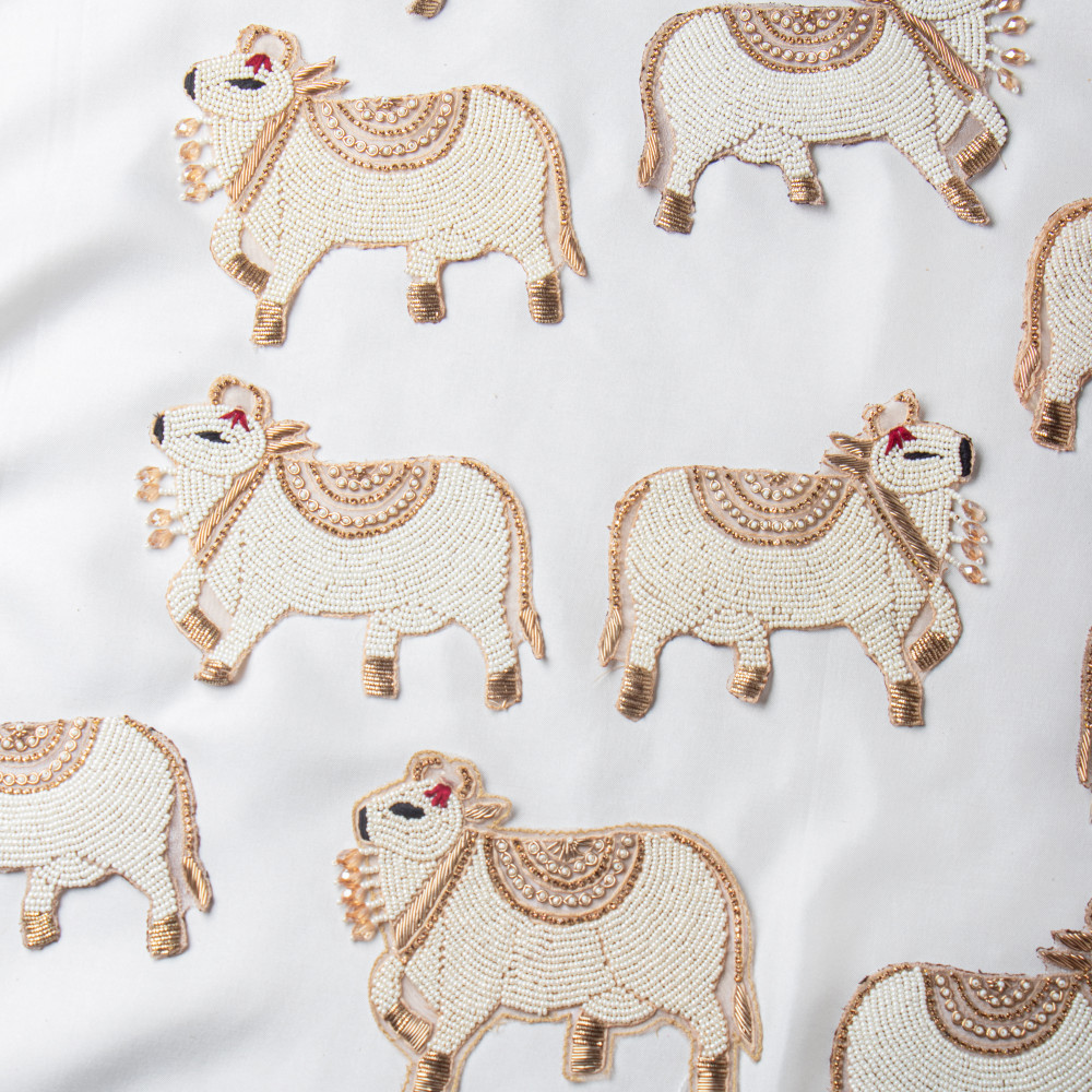 Image of Handcrafted White Beads &amp; Zardozi Cow Motif – Traditional Embroidery Art Applique for Sarees, Lehengas, Blouses, Dupattas &amp; Designer Couture (11.2 × 13.5 cm)(SET OF PAIR)