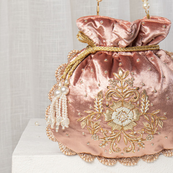 Rose Gold Velvet Zardosi Potli