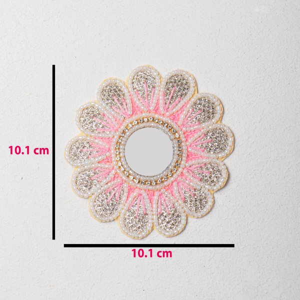 Handcrafted Floral Applique Patch | Light Pink Center | Thread Work, Beads & Zardozi Embroidery | Mirror Work Patch for Sarees, Lehengas & Blouses | Size: 10.1 cm(SET OF 10)