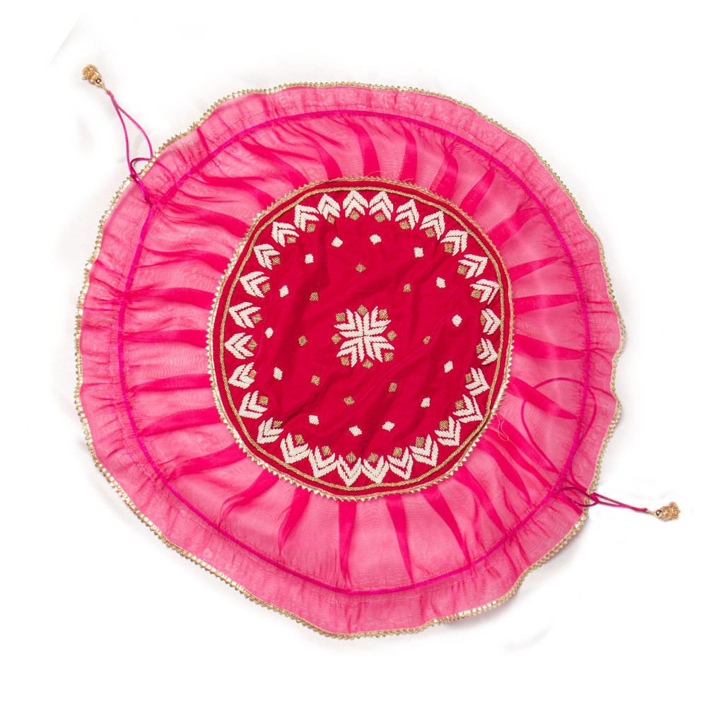 Image of Elegant Rani Velvet Drawstring Godh Bharai Cover with Intricate Beadwork