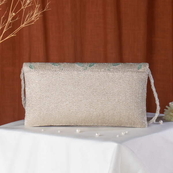 Silver Artisan Floral Beaded Bridal Clutch