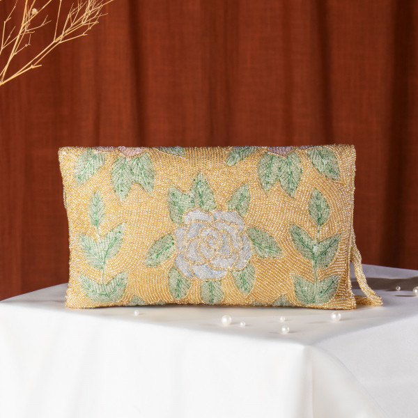 Gold Hand-Beaded Floral Bridal Clutch Bag