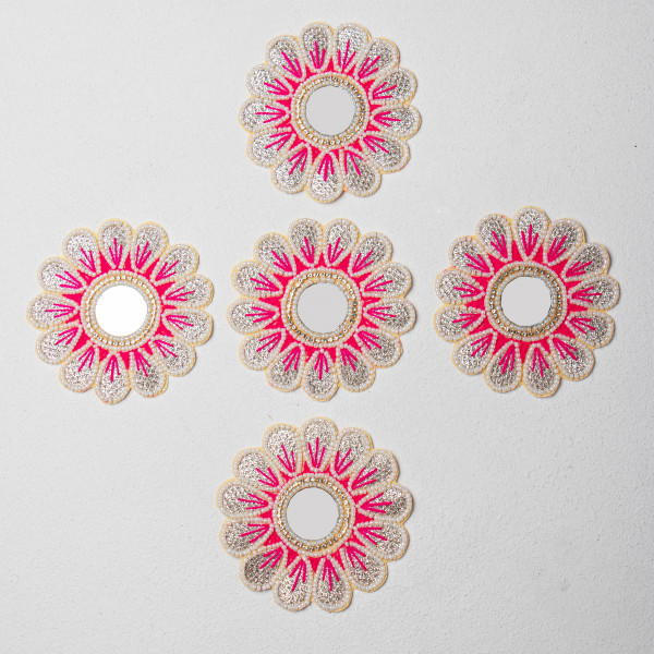 Handcrafted Floral Applique Patch | Pink Center | Thread Work, Beads & Zardozi Embroidery | Mirror Work Designer Patch for Sarees, Lehengas & Blouses | Size: 10.1 cm(SET OF 10)