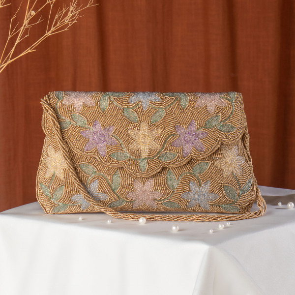 Copper Hand-Beaded Multi-Color Floral Flap Clutch