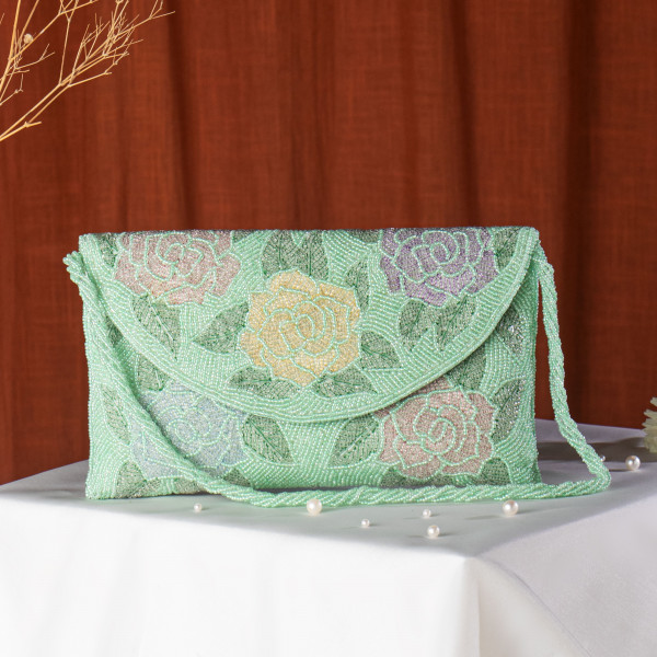 Pista Green Hand-Beaded Floral Bridal Clutch Bag