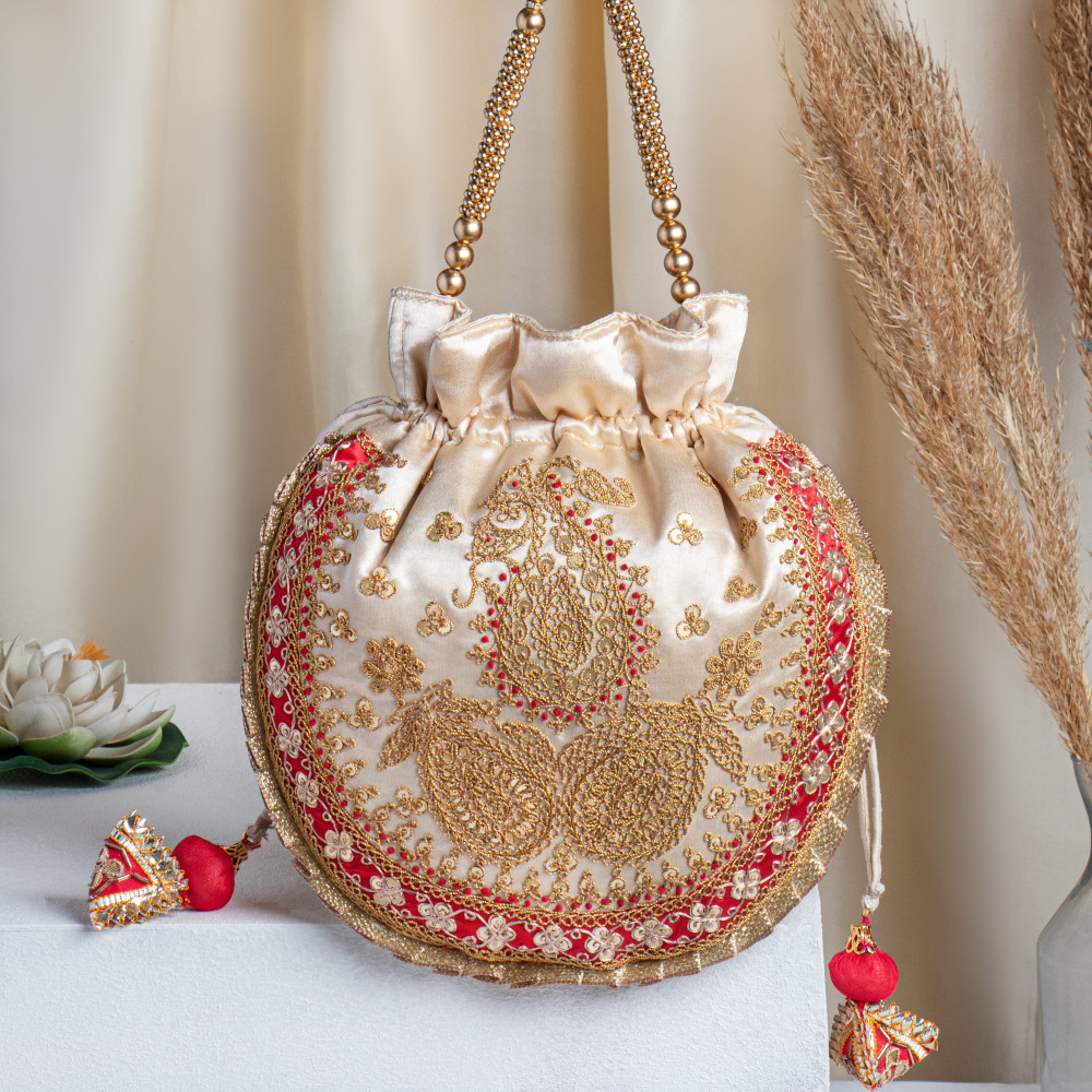 Image of Beige Silk Marodi Potli Bag