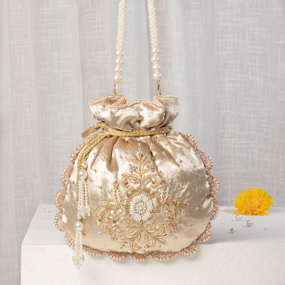 Image of Golden Champagne Velvet Zardosi Potli