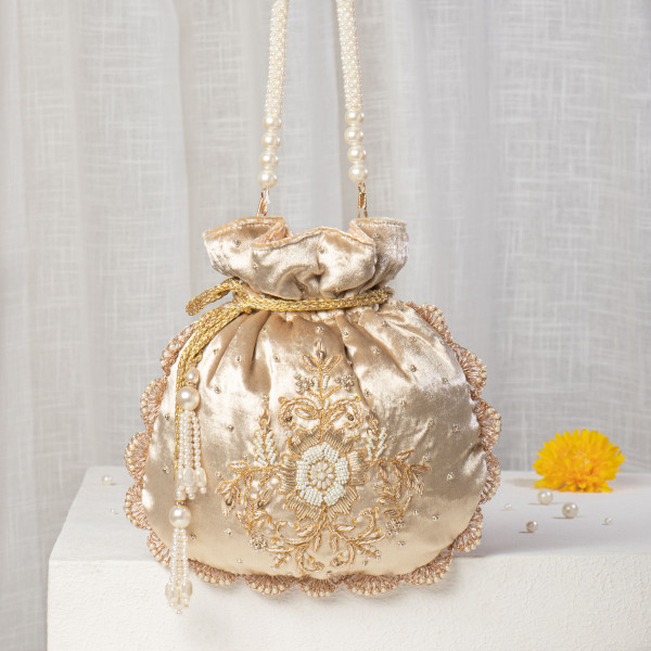 Golden Champagne Velvet Zardosi Potli