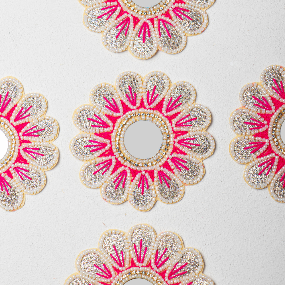 Image of Handcrafted Floral Applique Patch | Pink Center | Thread Work, Beads &amp; Zardozi Embroidery | Mirror Work Designer Patch for Sarees, Lehengas &amp; Blouses | Size: 10.1 cm(SET OF 10)