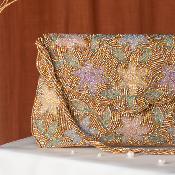 Copper Hand-Beaded Multi-Color Floral Flap Clutch